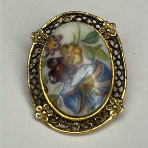 Vintage Hand-Painted Porcelain Brooch | Floral Oval Pin | Gold Filigree Frame